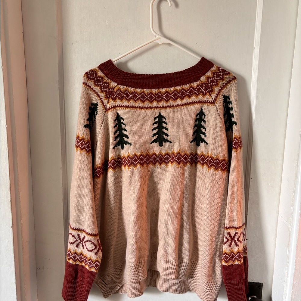 Cream and Rust Crew Neck Sweater with Vintage Tree Pattern
